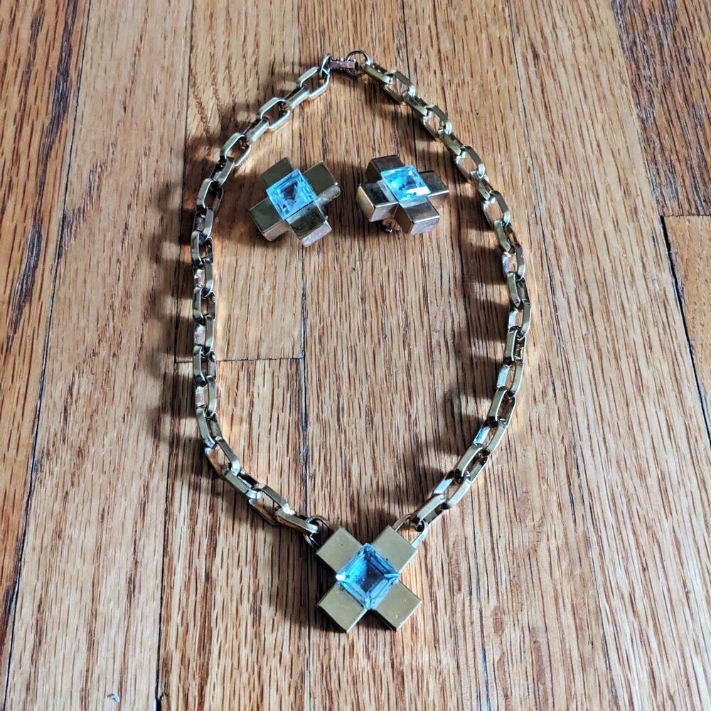 Vintage gold chain with a cross crystal shape pendant matching earrings set